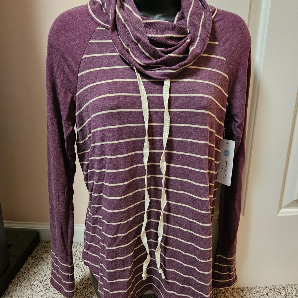 Pink Clover Purple Striped Cowl Neck Long Sleeve